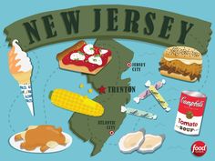 an illustrated map of new jersey with all the main foods and condiments on it