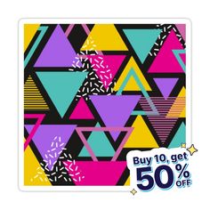 a sticker with an image of colorful triangles and confetti sprinkles