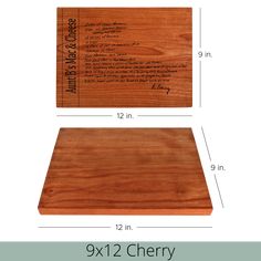 the walnut cutting board is shown with measurements for each piece and features an inscription on it