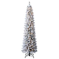 a white christmas tree with snow on the top and lights in the bottom, against a white background