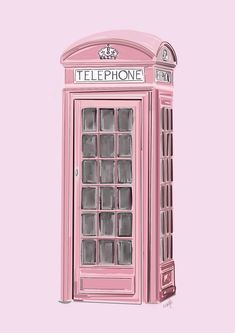 a drawing of a pink phone booth on a pink background with the words telephone written in english