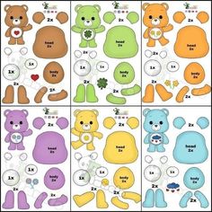 teddy bear cut outs are shown in four different colors and sizes, including one with the number