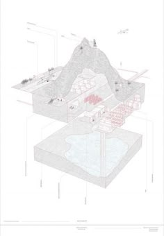 an architectural drawing of a house with mountains in the background