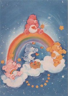 there are teddy bears sitting on the clouds with a rainbow and stars in the sky