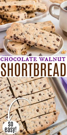 chocolate walnut shortbreads are cut into squares and stacked on top of each other