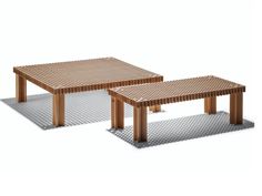 two wooden tables sitting next to each other on top of a white surface with shadows