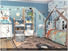 a child's bedroom decorated in blue and white with animals on the wall, bedding and rugs