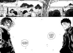 an image of two people in the middle of a comic page with trees and bushes behind them