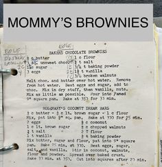 a piece of paper with writing on it and the words mommy's brownies