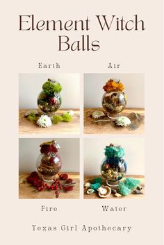 Four beautifully handcrafted Witch Balls for your home or sacred space to honor the Element of Earth, Air, Fire, Water. Crafts To Do With Glitter, Witchy Crafts Diy Projects To Sell, Witches Ball Diy How To Make, Element Witches, Witch Balls Protection Diy, Witch Balls Diy, Diy Wiccan Crafts, Witch Crafts Diy, Witchy Crafts To Sell