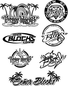 six different logos for various types of surfboards and other things in black and white