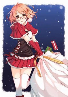 an anime character holding a bag full of presents in her hand and looking at the camera