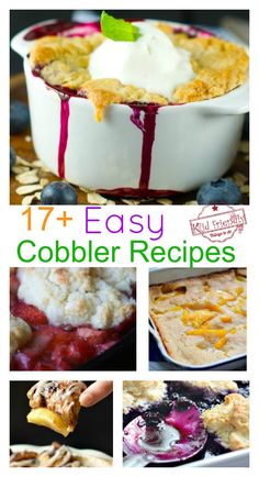 collage of easy cobbler recipes including blueberries, pies and crepes