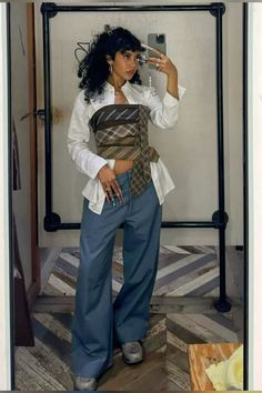 Mixed Texture Outfit, Tie As A Belt Outfit, Styling A Tie Women, Dinner Party Aesthetic Outfit, Regine Living Single Outfits, Louisiana Outfits, Maximalist Outfits Aesthetic, Curator Outfit, Weird Clothes Aesthetic