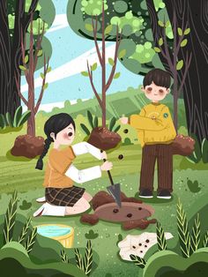 two children are digging in the woods together