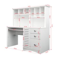 a white desk with two drawers and a shelf on the side, measurements for each drawer