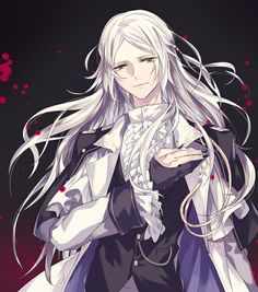 an anime character with long white hair wearing a black and white outfit, standing in front of a red background