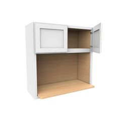 a white cabinet with an open door and two shelves on each side, in front of a white background