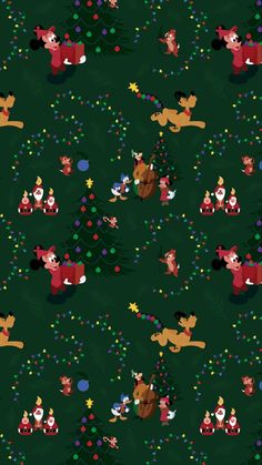 an animated christmas scene with santa claus and reindeers in the forest on green background