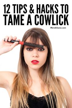 How to Style Bangs with a Cowlick | If you have a lock of hair that grows in a different direction than the rest of your hair and refuses to sit flat, you probably have a cowlick. As frustrating as it is, there are tons of tips, productions and step by step tutorials you can use to tame your cowlick in mere minutes. Knowing the right hairstyles for your specific cowlick is key, and sometimes cutting bangs is the way to go. Click for our best tips to help you cut and style your bangs like a pro. Best Bangs For Cowlick, How To Get Bangs To Lay Flat, Training Bangs Hair, How To Style Hair With Cowlicks, How To Fix Cowlick Bangs, Curtain Bangs With A Cowlick, Hairstyles With Cowlicks For Women, How To Train Bangs Forward, How To Style Bangs With A Cowlick