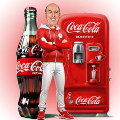 a man standing next to a coca - cola machine