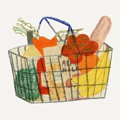 a drawing of a shopping basket filled with fruit and veggies, including tomatoes