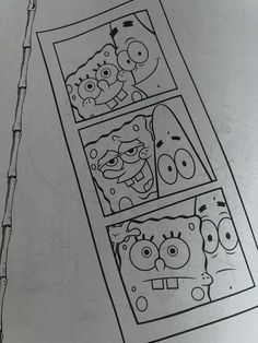 a drawing of spongebob faces on a piece of paper with a toothbrush