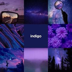 four different images with the words indigo written in white and purple on them, along with an image of a person holding a mirror