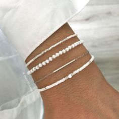 Bracelet Set 'Bright White' – Mint15 Beaded Bracelet Sets, Silver Beaded Bracelets, Jewelry Accessories Silver, Timeless Bracelet, Bracelet Sets, White Bracelet