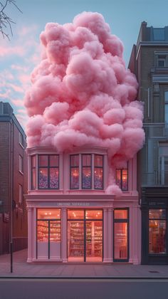 A large cloud of cotton candy covers the facade and roof, while the interior is filled with pink cotton clouds. The glass storefront on a street in London is the subject of this architectural photography, in the style of Kits Growsgall. --ar 9:16 --v 6.1 --s 750 Photography Clouds, Pretty Wallpapers Tumblr, Library Aesthetic, Cotton Candy Clouds, Cotton Clouds, Chinese New Year Decorations, Stylist Tattoos, Ends Of The Earth, Architectural Photography