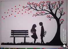 a couple standing next to each other in front of a tree with hearts flying from it