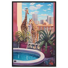 two giraffes standing next to a hot tub in front of a cityscape