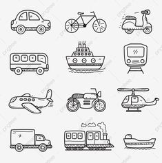 different types of transportation icons in black and white