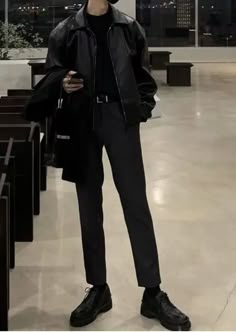 Korean Guy Black Outfit, Korean Male Outfits Formal, Concert Black Outfit Orchestra Men, Male All Black Outfit, Aesthetic Men Outfits Korean, Black Outfits Male, Black And White Mens Outfit, Korean Men Outfits, Black Turtleneck Outfit Men