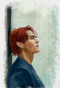 a digital painting of a man with red hair and blue shirt looking out the window