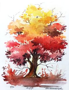 a watercolor painting of a tree with red, yellow and orange leaves