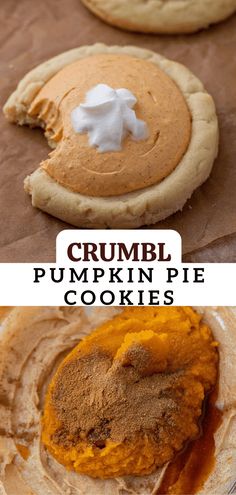 pumpkin pie cookies with whipped cream on top and the words crumbl, pumpkin pie cookies