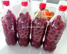 four plastic bottles filled with fruit sitting on top of a counter