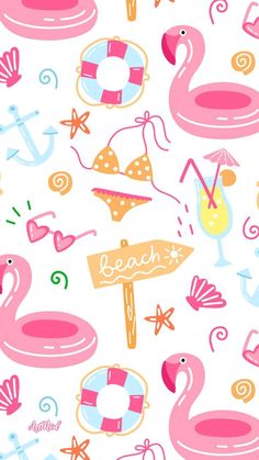 a pink and white background with flamingos, life preservers, an umbrella and a beach sign