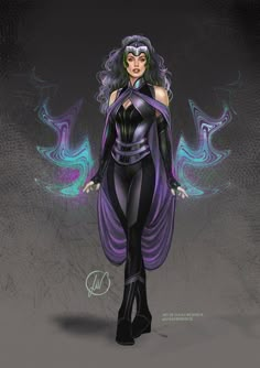 a drawing of a woman in purple and black