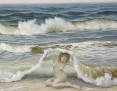 a painting of a woman sitting on the beach with waves crashing in front of her