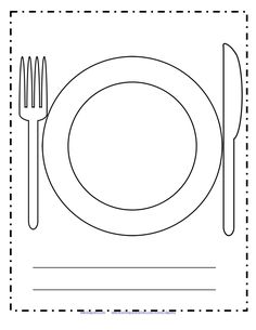 a place setting with utensils and a plate in the middle, on a white background