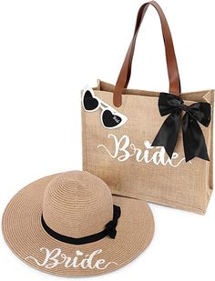 the bride tote bag and hat are shown