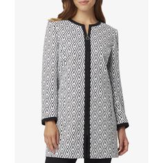 A Geo-Print Jacquard Knit And Contrasting Trim Deliver Striking Style For This Jacket From Tahari Asl, Making It A Stunning Addition To Your Work-Wear Collection. Approx. 30-1/2" Long Designed To Fit And Flatter 5'4" And Under Frame Round Neck; Zipper Closure At Front Trim At Neck, Front And Cuffs Lined Shell: Polyester/Rayon/Elastane; Lining: Polyester/Elastane Dry Clean Fitted Jacquard Knit Outerwear For Work, Jacquard Outerwear For Winter Workwear, Winter Jacquard Outerwear For Work, Winter Workwear Jacquard Outerwear, Long Black Blazer, Black White Blazer, Black Suit Jacket, Petite Fashion Tips, Long Coat Jacket