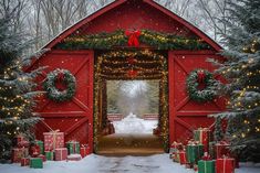 Gatsby Winter Red Barn House Christmas Tree Photography Backdrop Gbsx-01061 - Gatsby Backdrop Tree Photo Backdrop, Red Barn House, Red Barn Photos, Christmas Tree Backdrop, Barn Backdrop, Christmas Hallway, Cabin Christmas Decor, Tree Backdrop, Christmas Tree Photography