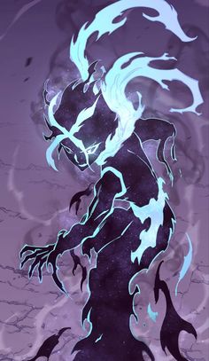 a drawing of a demon with blue and white flames on it's body, standing in front of a purple background