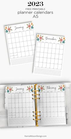 the free printable planner calendars are shown in three different colors and sizes, with floral