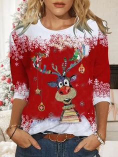 Red Casual Graphic Tops Round Neck Elk Printed Long Sleeve Xmas Sweatshirts Ugly Christmas Shirts, Red Sweatshirt, Christmas Tops, Graphic Tops, Sweatshirt Christmas, Womens Tunics, Christmas Reindeer, Sleeves Pattern, Neck Pattern