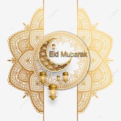 an eid mubarah greeting card with gold decorations