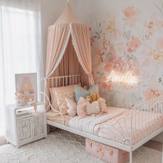 Stephanie from The Vara Tribe on Instagram has done it again with this dreamy pink girl's bedroom. With pink floral wallpaper, gorgeous pink magnolia botanical garden canopy and champagne bow cushion from Spinkie, mustard shell cushion from Peppermint Tree Creations and butterfly vanity and sweetheart mirror from Juni Moon, it's not hard to see why this kidsroom is so dreamy! Click on the pin to see our full interview with Stephanie, and full list of materials available to help you get the look! Girls Bedroom Paint, Girls Room Colors, Ideas Habitaciones, Pink Bedroom For Girls, Toddler Bedroom Girl, Big Girl Bedrooms